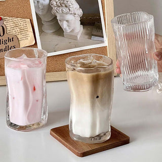 Auramma Avant Basic Minimalist Aesthetic Funky Irregular Twisting Clear Ribbed Frosted Coffee Tea Cocktail Drinking Glass Mug