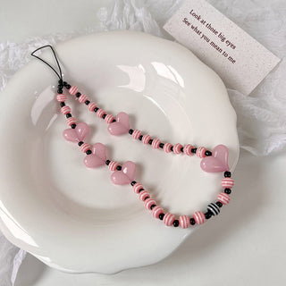 Auramma Collections Avant Basic Black Pink Stripe Bead Heart String Phone Charm