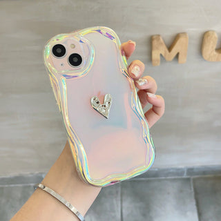 Auramma Collections Avant Basic Fairy Aesthetic Iridescent Radiant Color Wavy Funky Shape Silver Heart Clear TPU Case iPhone 14 13 12 11 Pro Max