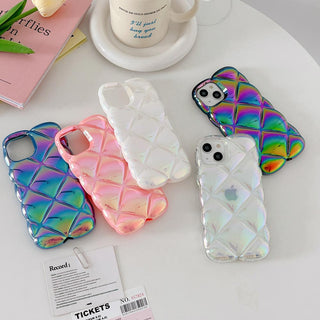 Auramma Collections Avant Basic Iridescent Radiant Laser Black Blue Pink White Clear 3D Diamond Shaped Puffer Style Soft TPU Case iPhone 16 15 14 13 12 11 Pro Max Plus