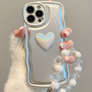 Auramma Collections Avant Basic Minimalist Aesthetic Matte Silver Wavy Edge Iridescent White Heart Bead Bracelet Charm Soft TPU Case iPhone 14 13 12 11 Pro Max Plus X XS XR
