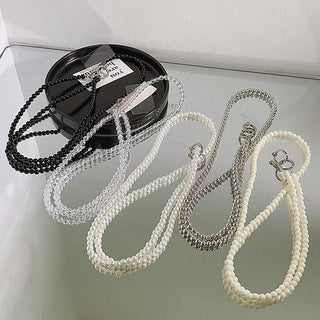 Auramma Collections Avant Basic Soft Girly Princess Core Aesthetic Black White Pearl Clear Silver Bead Crossbody Phone Lanyard