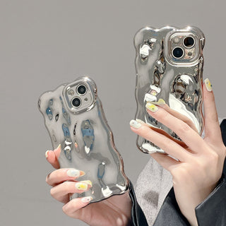 Auramma Collections Avant Basic Wavy Edge Chrome Silver Glossy 3D Bubble Style TPU Case iPhone 15 14 13 12 11 Pro Max Plus