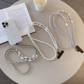 Auramma Collections Avant Basic Cool Aesthetic Funky Silver Pearl White Clear Bead Chain Crossbody Phone Lanyard
