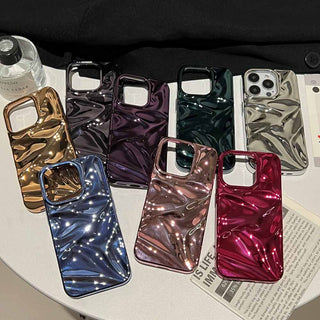 Auramma Collections Cool Aesthetic Glossy Metallic Black Gold Purple Green Silver Blue Fuchsi 3D Crinkle Style Soft TPU Case iPhone 16 15 14 13 12 Pro Max Plus