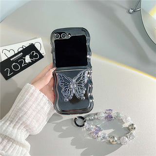 Auramma Collections Cool Aesthetic Metallic Black Silver Rose Gold Butterfly Stand Matching Wrist Charm Soft TPU Case Samsung Z Flip 6 5 4 3