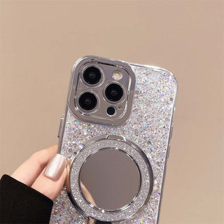 Auramma Collections Cool Aesthetic White Silver Glitter Built-in Mirror Stand Soft TPU Case iPhone 16 15 14 13 12 11 Pro Max Plus X XS XR