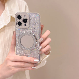 Auramma Collections Cool Aesthetic White Silver Glitter Built-in Mirror Stand Soft TPU Case iPhone 16 15 14 13 12 11 Pro Max Plus X XS XR