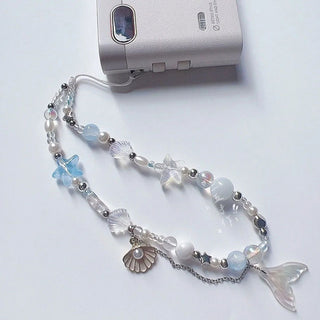 Auramma Collections Cool Soft Aesthetic Kawaii Clear Blue Mermaid Tail Pearl Shell Sea Star Phone String Charm