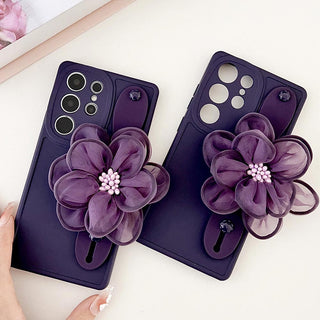 Auramma Collections Dark Purple Coffee Beige Big Flower Strap On The Wrist Soft TPU Case Samsung Galaxy S24 S23 S22 S21 S20 Plus Ultra FE