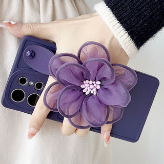 Auramma Collections Dark Purple Coffee Beige Big Flower Strap On The Wrist Soft TPU Case Samsung Galaxy S24 S23 S22 S21 S20 Plus Ultra FE