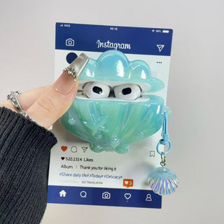 Auramma Collections Funky Kawaii Glossy Mint Pink Purple 3D Seashell Star Pearl Mermaid Shell Charm Soft TPU Case AirPods 1 2 3 4 Pro