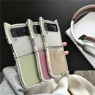 Auramma Collections Funky Kawaii Metallic Cat Ear Gradient Gltter Pink Green Champagne Purple Blue Gray Soft TPU Case Samsung Z Flip 6 5 4 3