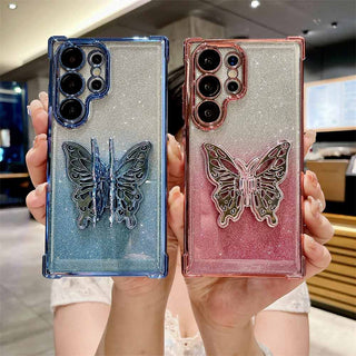 Auramma Collections Funky Kawaii Metallic Color Gold Silver Plated Bumper Gradient Glitter Butterfly Pull Out Stand Soft TPU Case Samsung Galaxy S24 S23 S22 Ultra Plus FE