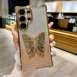 Auramma Collections Funky Kawaii Metallic Color Gold Silver Plated Bumper Gradient Glitter Butterfly Pull Out Stand Soft TPU Case Samsung Galaxy S24 S23 S22 Ultra Plus FE