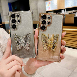 Auramma Collections Funky Kawaii Metallic Color Gold Silver Plated Bumper Gradient Glitter Butterfly Pull Out Stand Soft TPU Case Samsung Galaxy S24 S23 S22 Ultra Plus FE