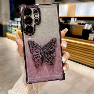 Auramma Collections Funky Kawaii Metallic Color Gold Silver Plated Bumper Gradient Glitter Butterfly Pull Out Stand Soft TPU Case Samsung Galaxy S24 S23 S22 Ultra Plus FE