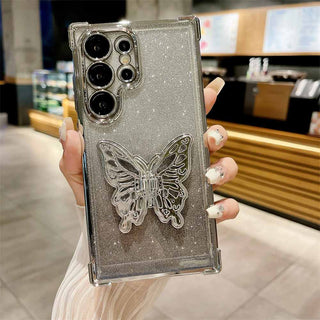 Auramma Collections Funky Kawaii Metallic Color Gold Silver Plated Bumper Gradient Glitter Butterfly Pull Out Stand Soft TPU Case Samsung Galaxy S24 S23 S22 Ultra Plus FE