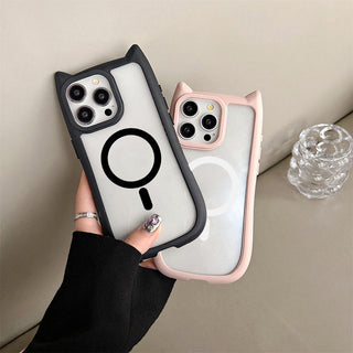 Auramma Collections Funky Kawaii Plain Color Black Pink Blue Cat Ear Shaped Bumper Clear Soft MagSafe TPU Case iPhone 16 15 14 13 12 Pro Max Plus