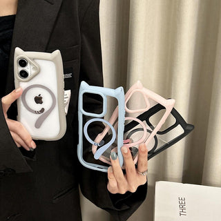 Auramma Collections Funky Kawaii Plain Color Black Pink Blue Gray Cat Ear Shaped Bumper Tail MagSafe Clear Soft TPU Case iPhone 17 16 15 14 13 12 Pro Max Plus Mini 16e Air