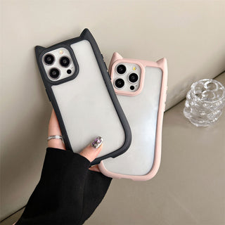 Auramma Collections Funky Kawaii Plain Color Black Pink Cat Ear Shaped Bumper Clear Soft TPU Case iPhone 16 15 14 13 Pro Max Plus