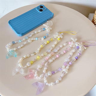 Auramma Collections Funky Kawaii Summer Soft Aesthetic Blue Yellow Pink Purple White Mermaid Tail Shell Star Heart Ribbon String Phone Charm
