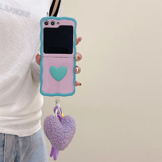 Auramma Collections Kawaii Soft Girl Aesthetic Wavy Edge Heart Purple Blue Green Orange Pink Matching Furry Heart Plush-Rope Wrist Charm Soft TPU Case Samsung Z Flip 6 5 4 3