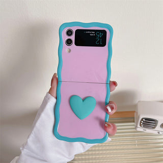 Auramma Collections Kawaii Soft Girl Aesthetic Wavy Edge Heart Purple Blue Green Orange Pink Matching Furry Heart Plush-Rope Wrist Charm Soft TPU Case Samsung Z Flip 6 5 4 3