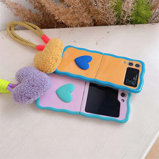 Auramma Collections Kawaii Soft Girl Aesthetic Wavy Edge Heart Purple Blue Green Orange Pink Matching Furry Heart Plush-Rope Wrist Charm Soft TPU Case Samsung Z Flip 6 5 4 3