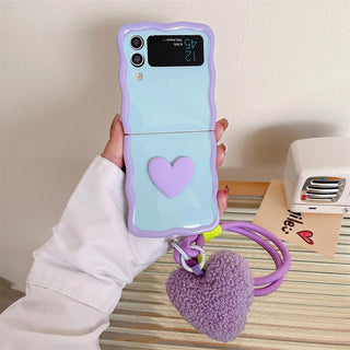 Auramma Collections Kawaii Soft Girl Aesthetic Wavy Edge Heart Purple Blue Green Orange Pink Matching Furry Heart Plush-Rope Wrist Charm Soft TPU Case Samsung Z Flip 6 5 4 3