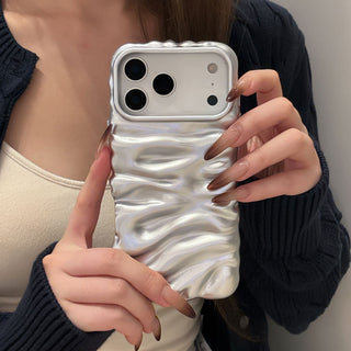 Auramma Collections Minimalist Cool Aesthetic Glossy Silver 3D Folds Creases Surface Style Soft TPU Case iPhone 17 16 15 14 13 Pro Max Plus Air