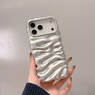 Auramma Collections Minimalist Cool Aesthetic Glossy Silver 3D Folds Creases Surface Style Soft TPU Case iPhone 17 16 15 14 13 Pro Max Plus Air