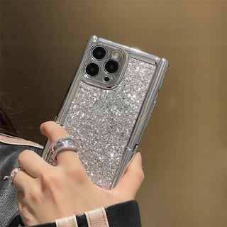 Auramma Collections Minimalist Cool Aesthetic Plain Silver Glitter Square Built In Stand Soft TPU Case For iPhone 15 14 13 12 11 Pro Max