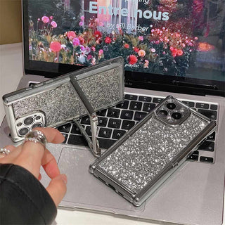 Auramma Collections Minimalist Cool Aesthetic Plain Silver Glitter Square Built In Stand Soft TPU Case For iPhone 15 14 13 12 11 Pro Max