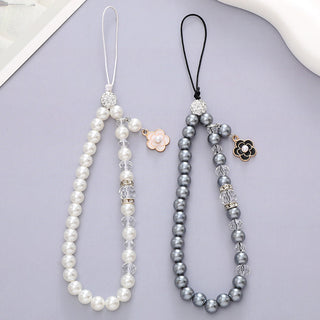 Auramma Collections Quiet Luxury Aesthetic White Gray Pearl Clear Beaded Camellia Flower Charm iPhone Galaxy String