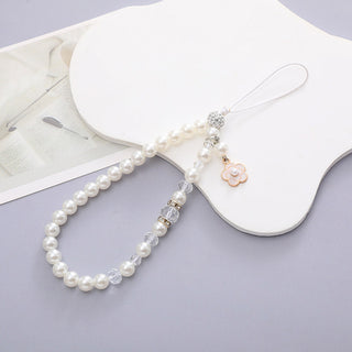 Auramma Collections Quiet Luxury Aesthetic White Gray Pearl Clear Beaded Camellia Flower Charm iPhone Galaxy String