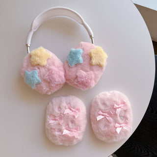 Auramma Collections Funky Kawaii Softcore Baby Pink Plush Stars Ribbons Soft AirPods Max Case