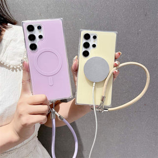 Auramma Collections Softcore Dreamy Glossy Pastel Purple Pink Yellow Blue MagSafe Matching Wrist Charm Soft TPU Case Samsung Galaxy S25 S24 S23 S22 Ultra Plus FE
