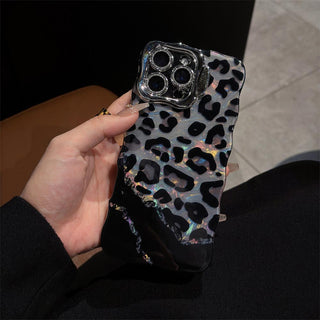 Auramma Y2K Style Wavy Silver Edge Laser Color Background Brown Pink Leopard Print Pattern Soft TPU Case iPhone 16 15 14 13 12 11 Pro Max Plus