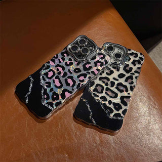 Auramma Y2K Style Wavy Silver Edge Laser Color Background Brown Pink Leopard Print Pattern Soft TPU Case iPhone 16 15 14 13 12 11 Pro Max Plus