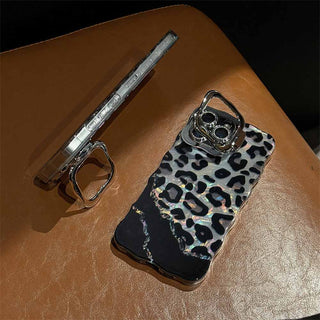 Auramma Y2K Style Wavy Silver Edge Laser Color Background Brown Pink Leopard Print Pattern Soft TPU Case iPhone 16 15 14 13 12 11 Pro Max Plus