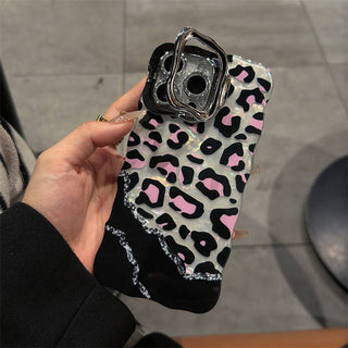 Auramma Y2K Style Wavy Silver Edge Laser Color Background Brown Pink Leopard Print Pattern Soft TPU Case iPhone 16 15 14 13 12 11 Pro Max Plus