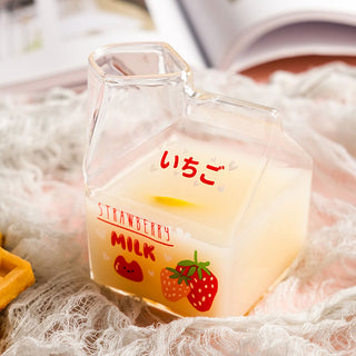 Auramma Collections Japanese Style Cute 3D Glass Strawberry Avocado Peach Banana Yogurt Milk Carton Shaped Cup 