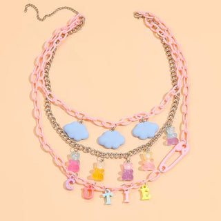 Auramma Collections Y2K Harajuku Style Bold Statement Pink Chain Blue Clouds Colorful Gradient Gummy Bears Cutie Letter Multi-Layering Necklace Set
