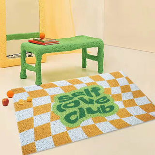 Auramma Collections Y2K Style Yellow White Distorted Wavy Checkerboard Checkered Bold Green Letter Quote Self Love Club Entrance Doormat