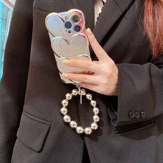 Auramma Collections Avant Basic Plain Glossy Silver 3D Triple Heart Matching Bead Charm TPU Case iPhone 15 14 13 12 11 Pro Max Plus