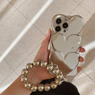 Auramma Collections Avant Basic Plain Glossy Silver 3D Triple Heart Matching Bead Charm TPU Case iPhone 15 14 13 12 11 Pro Max Plus