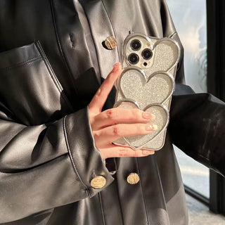 Auramma Collections Avant Basic Plain Silver Plated Shiny Glitter 3D Triple Heart Soft TPU Case iPhone 14 13 12 11 Pro Max