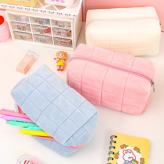 Auramma Collections Avant Basic Puffy Soft White Pink Blue Pillow Pen Brush Makeup Travel Bag Organizer