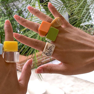 Auramma Collections Bold Color Block Yellow Blue Orange Red Green Clear Pink Khaki Beige Statement Big Brick Rectangle Shaped Rings